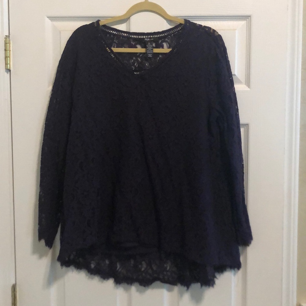 Long sleeve, high-low plum colored lace blouse